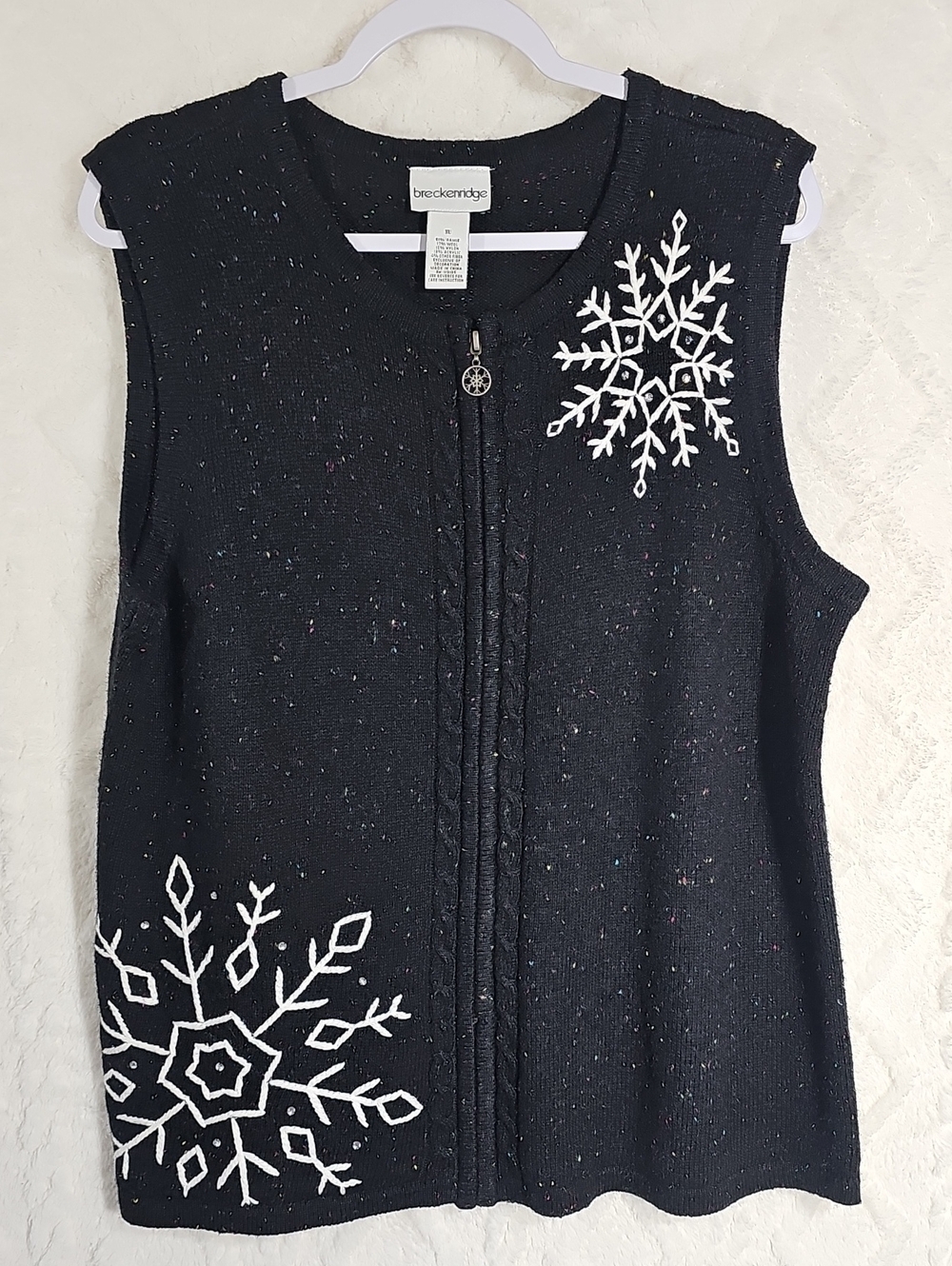 Breckenridge Zip Up Sweater Vest * Black * Snowflakes * Size XL * Vintage